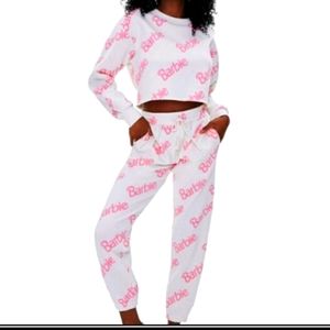*RARE* Forever 21 Barbie sweat suit pajamas joggers lounge set pink white Small